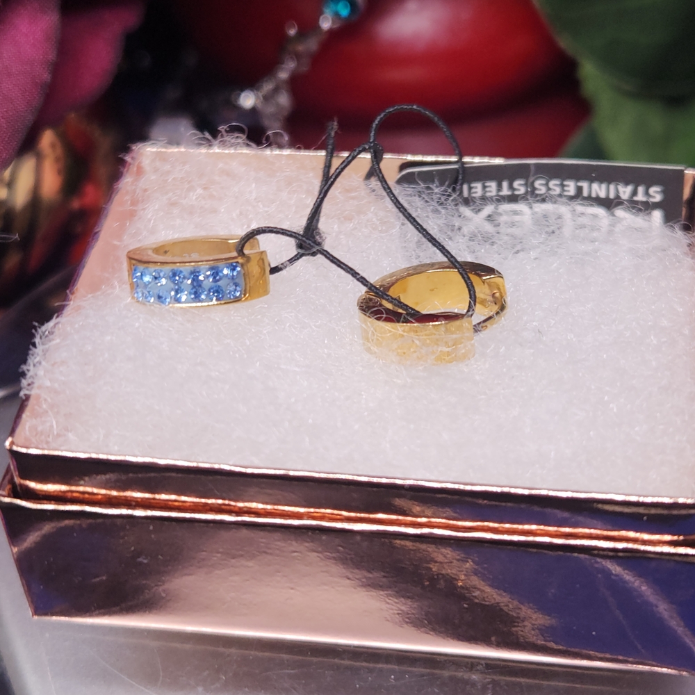Elegant Relex Gold Stainless Steel Huggie Blue Crystal Earrings
